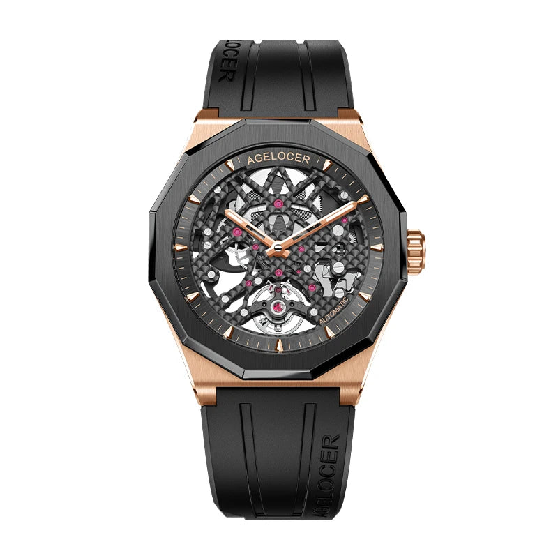 Luxury watch with black and rose gold design on a white background