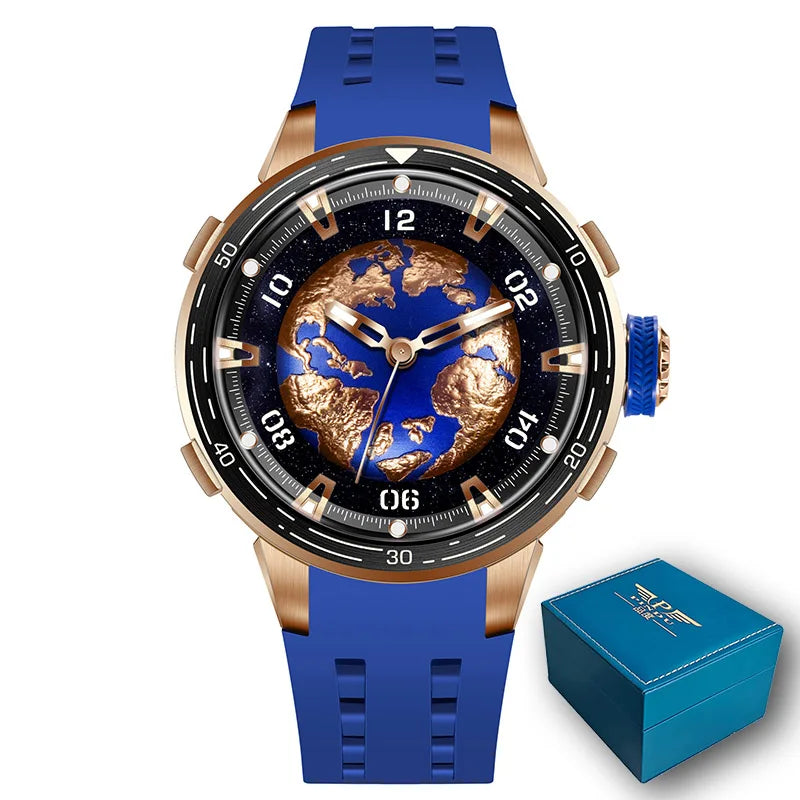 A blue silicone strap watch with a rose gold-toned case and a detailed globe design on the dial, shown alongside a blue presentation box on a white background.