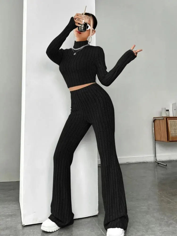 Vexaroa Stand Collar Crop Top & Trumpet Pants 2-Piece Set