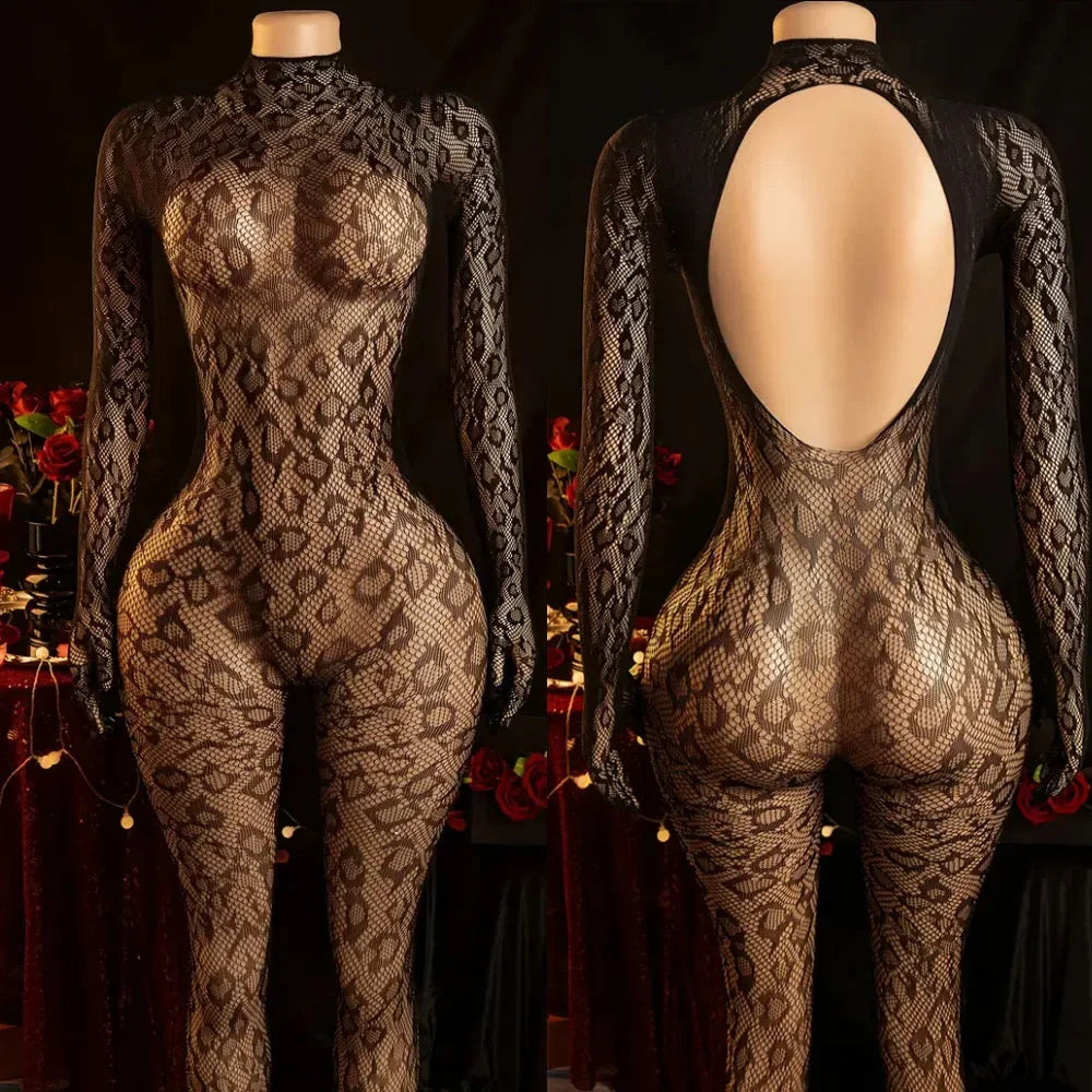 Elegant Leopard Print Sheer Bodysuit - High Nylon Lingerie for, Long Sleeve, High Elasticity Full-Body Fishnet Design