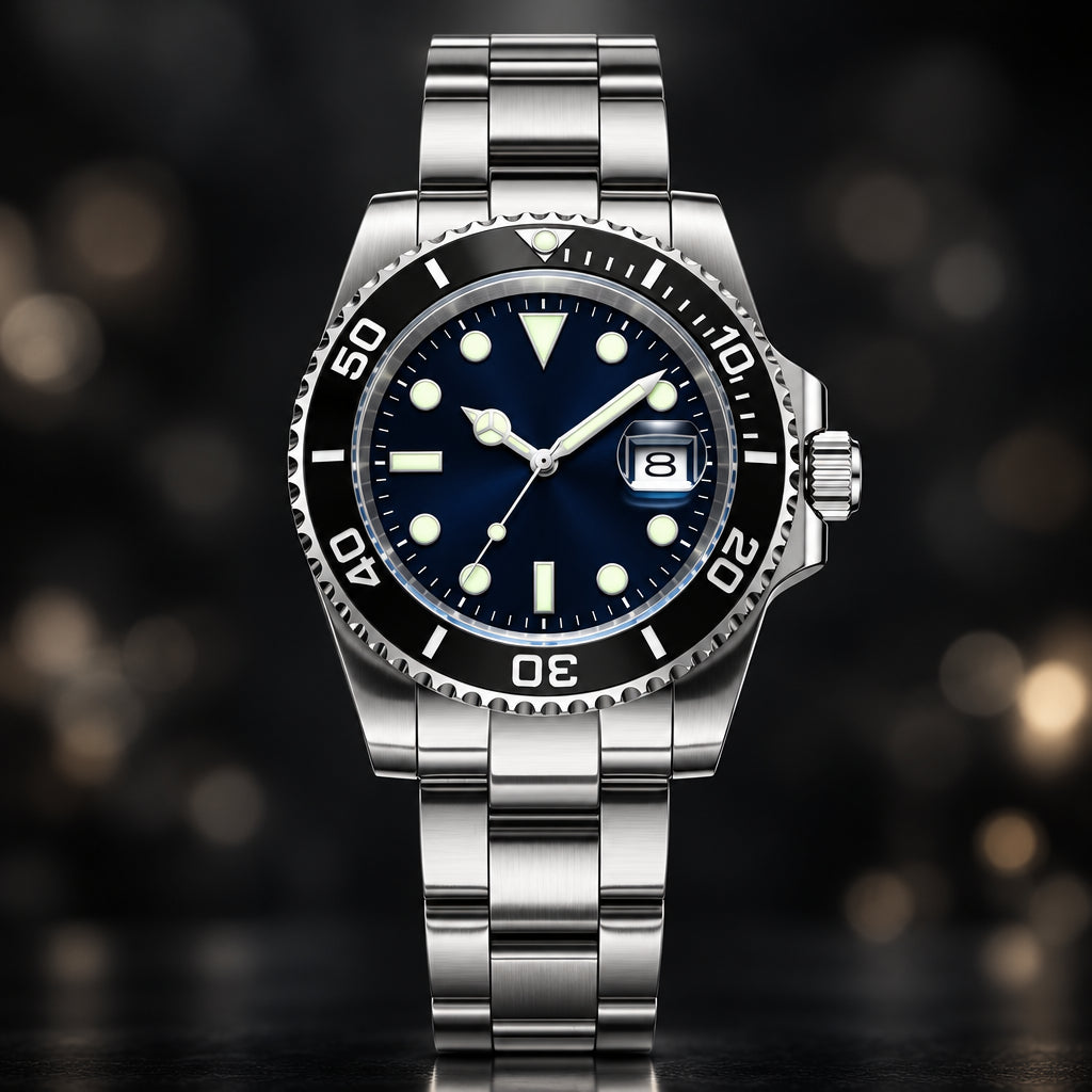 Silver watch with a blue dial on a white background, featuring the ADDIESDIVE brand.