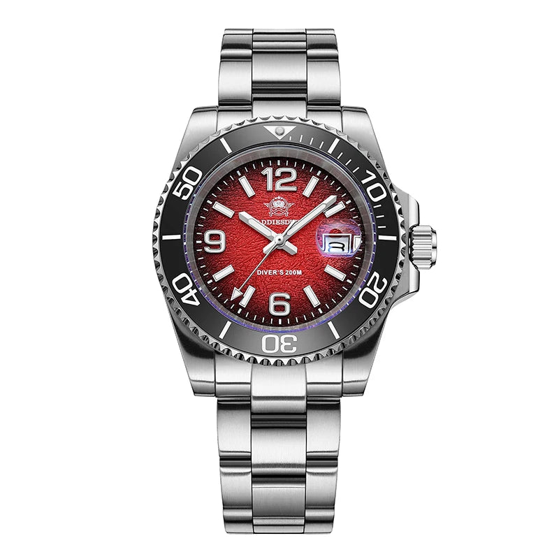 Wristwatch with red face and silver metal strap on white background