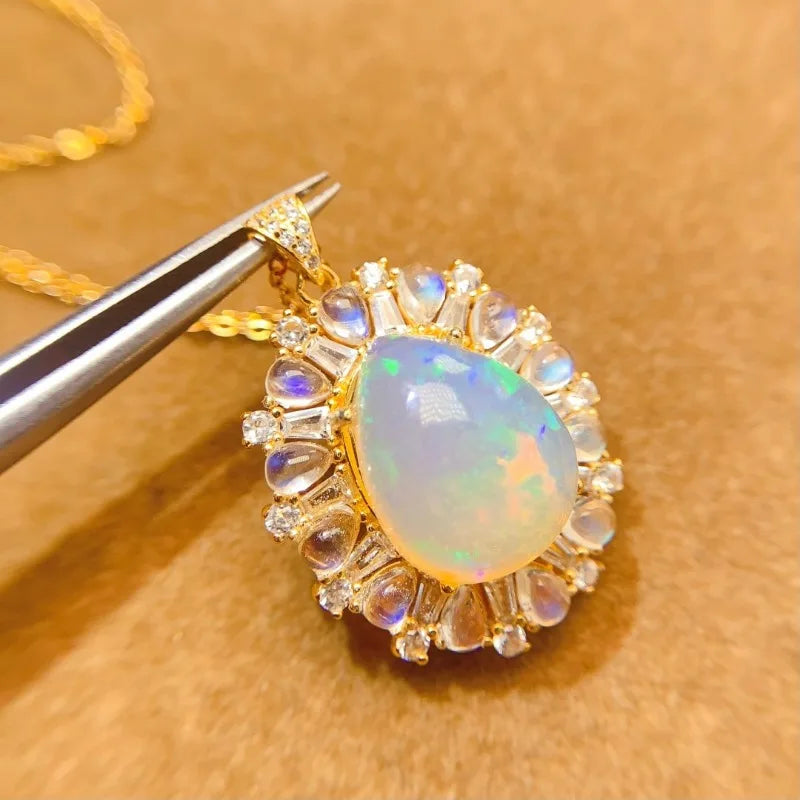 Vexaroa Vintage Natural Opal & Moonstone Necklace 925 Sterling Silver October Birthstone