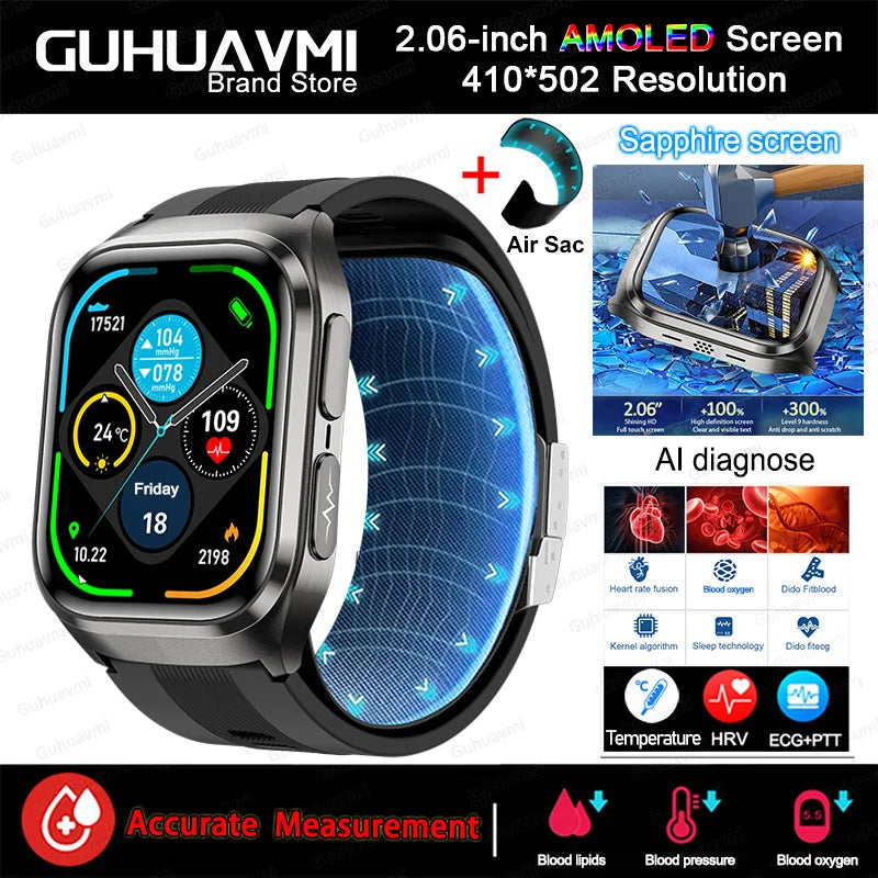 2026 New Upgrade AI Diagnostic Airbag Precise Blood Pressure Health SmartWatch Uric Acid ECG Blood lipids Smartwatch Men Women