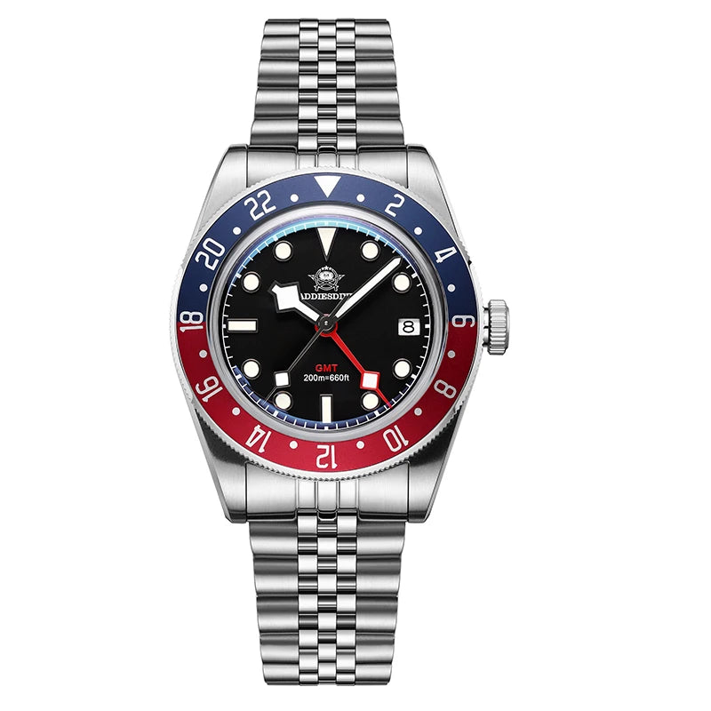 Watch with a silver bracelet, black face, red and blue bezel on a white background