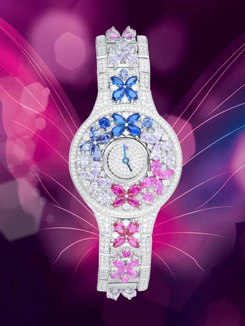 Luxury watch with butterfly designs on a colorful background