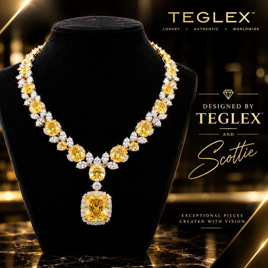 Teglex Vivid Yellow Diamond Necklace – Fancy Intense Yellow GIA Certified on black velvet bust, front view with TEGLEX branding