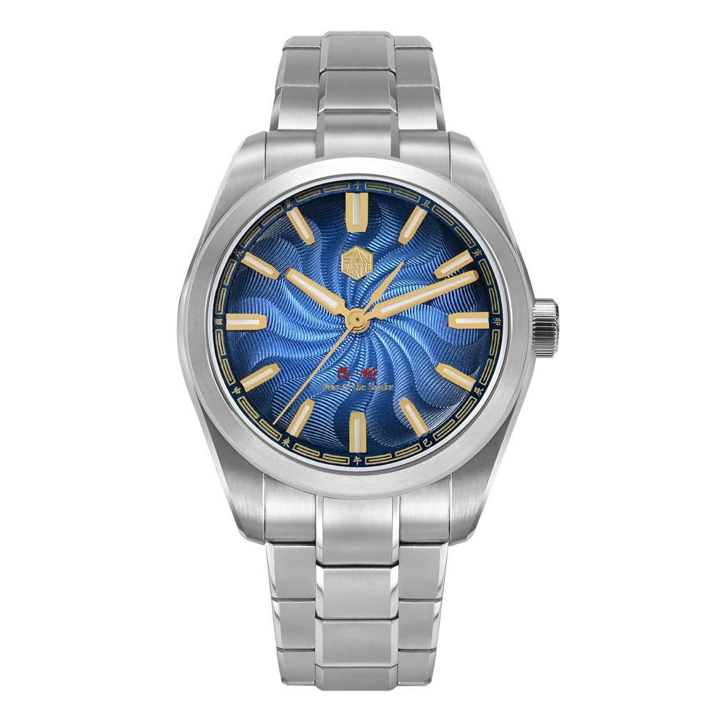 A men's stainless steel wristwatch with a blue sunburst dial and gold-tone accents, shown against a plain white background.