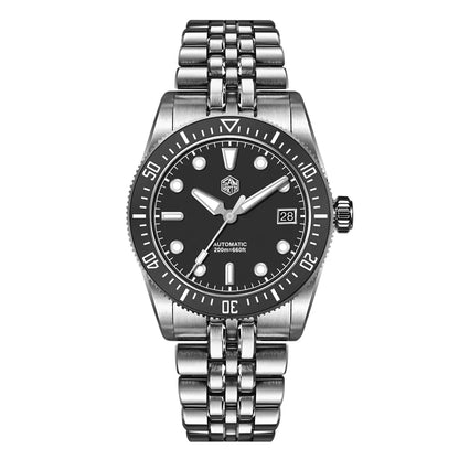 Silver watch with black dial on a white background