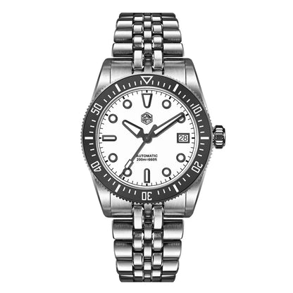 Silver watch with a white face on a white background