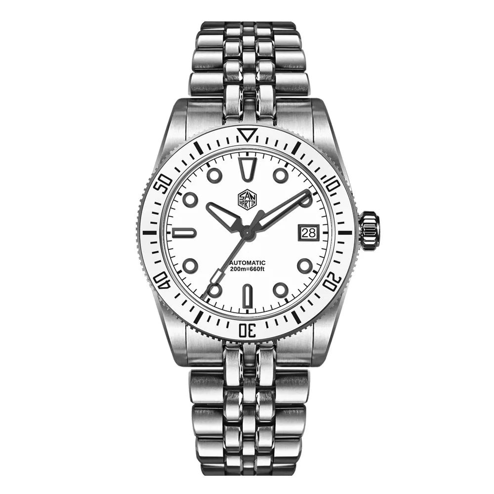 Silver watch with a white face on a white background