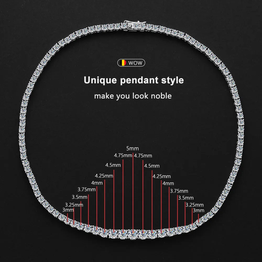 Diamond necklace with measurement chart on a black background