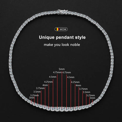 Diamond necklace with measurement chart on a black background