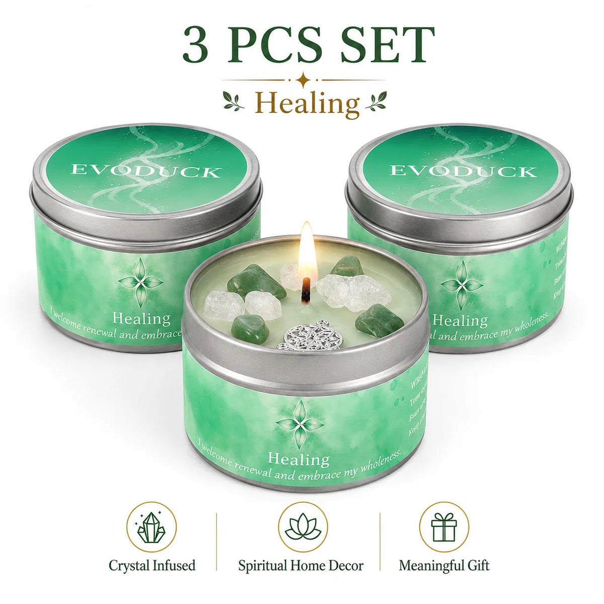 Crystal Candle Set of 3, Lavender Eucalyptus Scented Candles in Tin with Stones, Intention Manifestation Candle, Gift for Women