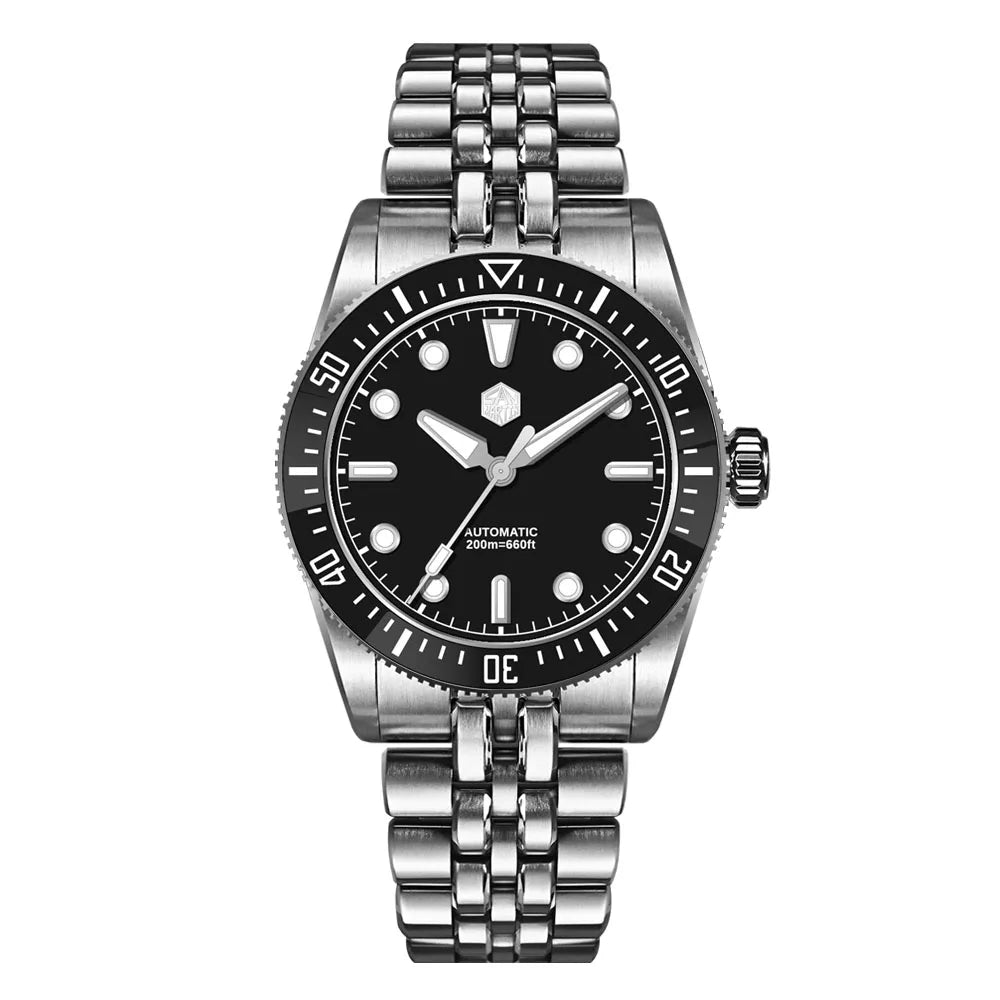 A stainless steel automatic watch with a black dial, black bezel, and a matching multi-link steel bracelet, shown against a plain white background.