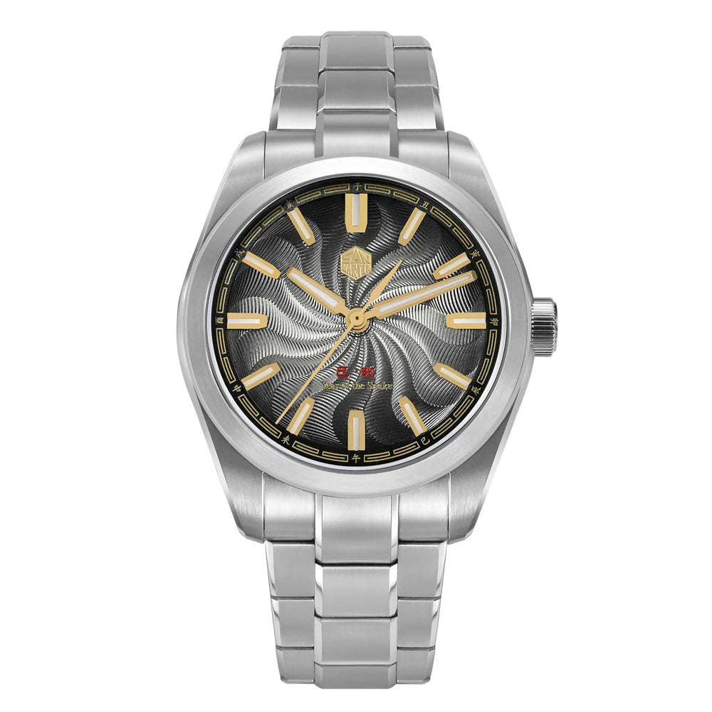 A men's stainless steel wristwatch with a silver-tone metal link bracelet, a silver case, and a textured black dial featuring gold-tone hands, hour markers, and branding.