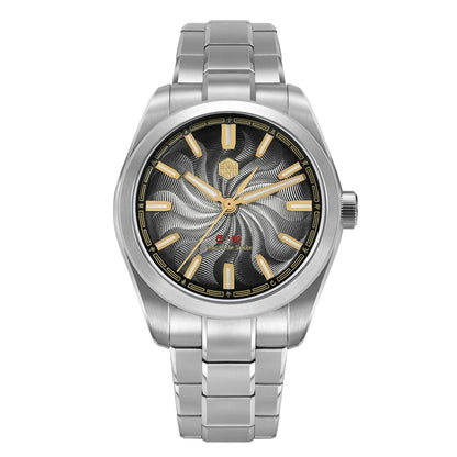 A men's stainless steel wristwatch with a silver-tone metal link bracelet, a silver case, and a textured black dial featuring gold-tone hands, hour markers, and branding.