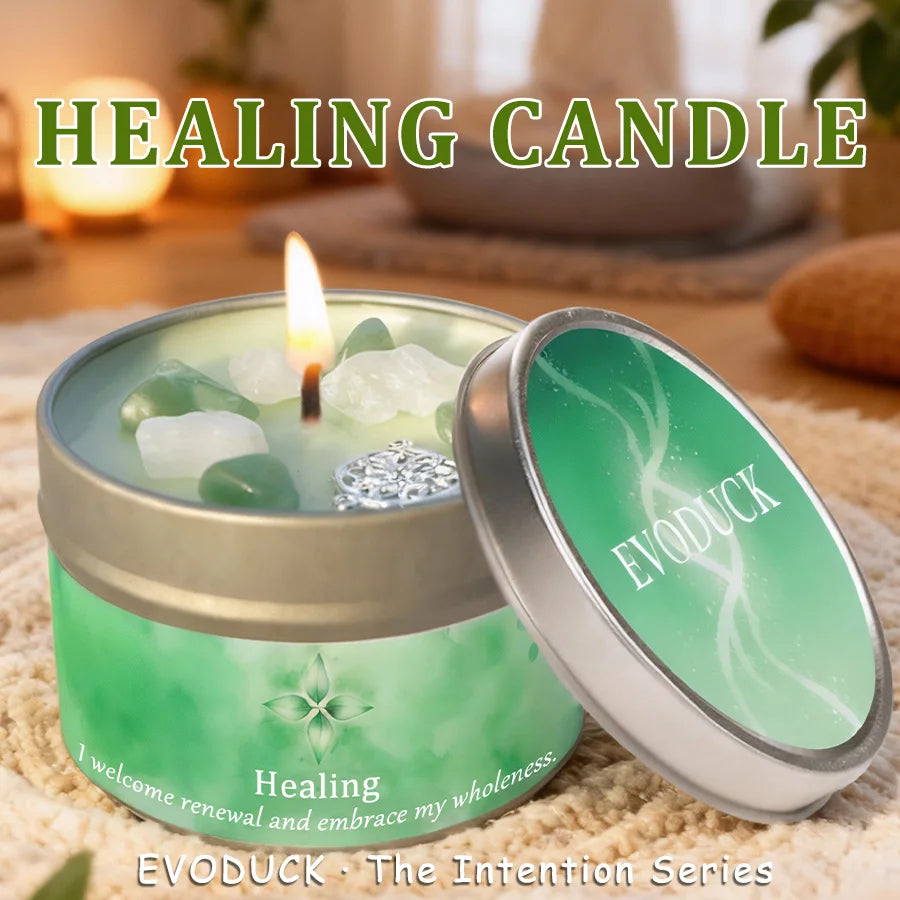 Crystal Candle Set of 3, Lavender Eucalyptus Scented Candles in Tin with Stones, Intention Manifestation Candle, Gift for Women