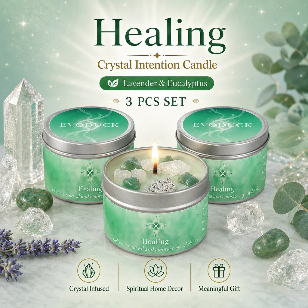 Crystal Candle Set of 3, Lavender Eucalyptus Scented Candles in Tin with Stones, Intention Manifestation Candle, Gift for Women