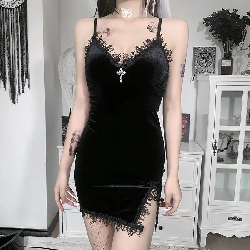 Vexaroa Black Mini Dress Goth Spaghetti Strap High Waist Slit