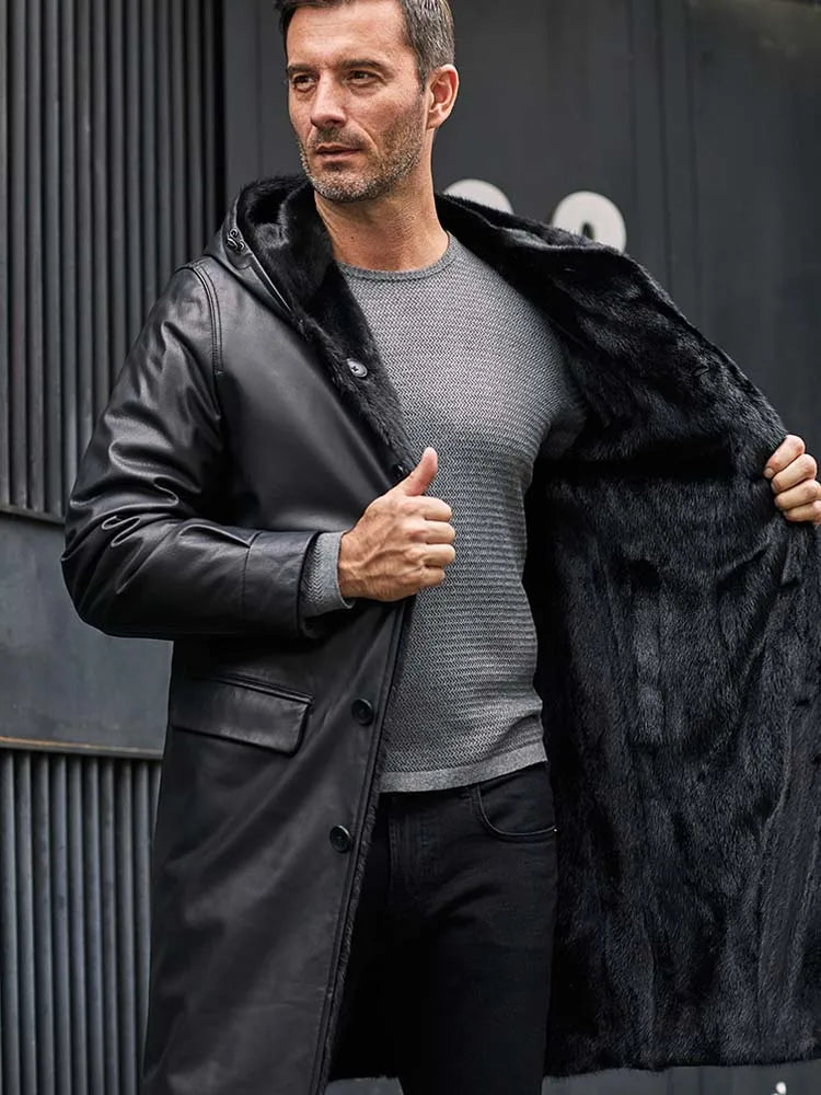 Cowhide Leather Mink Fur Long Parka Men's | Vexaroa