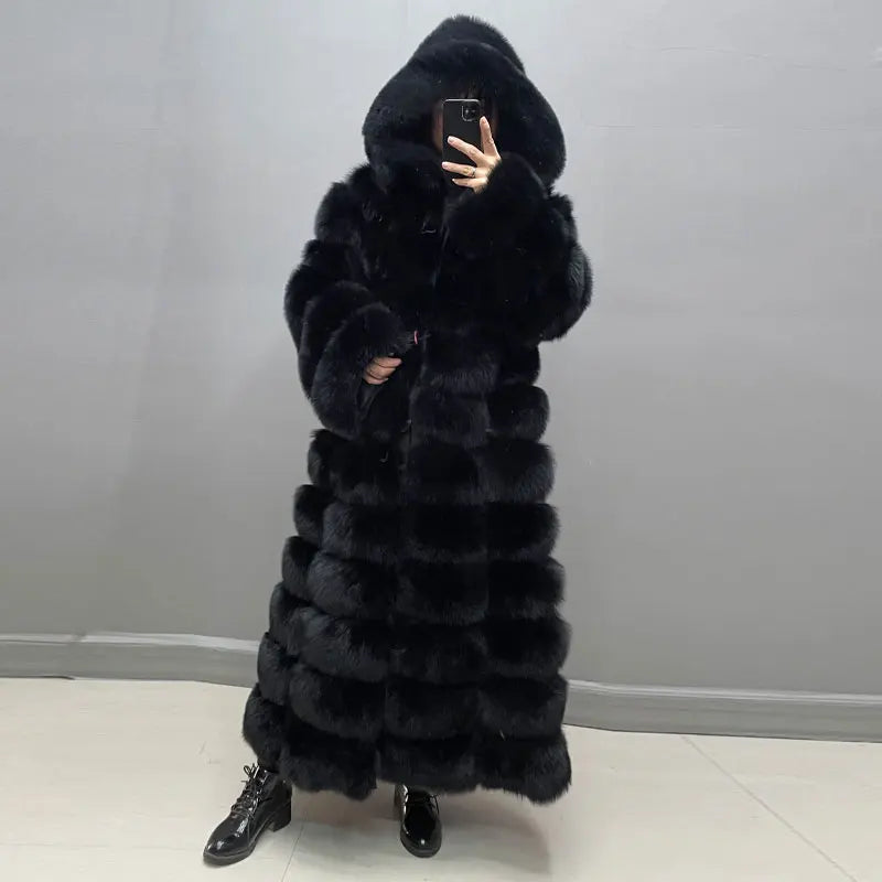 Women's Real Fox Fur Hooded Overcoat | Thick Natural Fur Winter Coat | Vexaroa