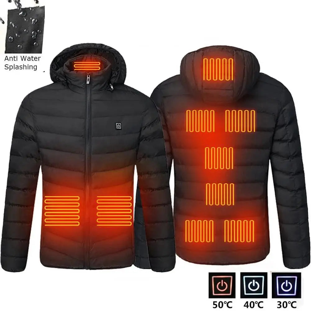 Front and back views of a black heated puffer jacket with glowing orange heat-zone overlays showing the front, back, and hood. A small square logo is visible on the chest, and text in the top left says 'Anti Water Splashing.