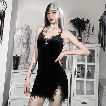 Vexaroa Black Mini Dress Goth Spaghetti Strap High Waist Slit