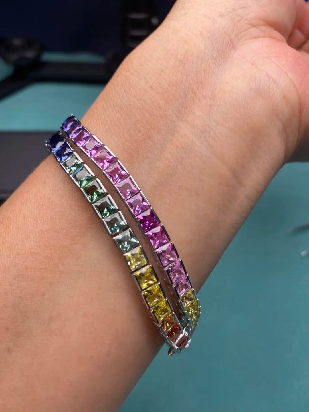 Lab-Created Rainbow Sapphire Bracelet, 4x4mm Square Stones | Vexaroa