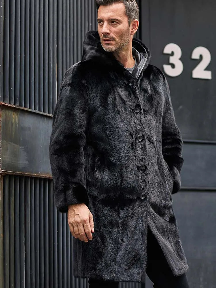 Cowhide Leather Mink Fur Long Parka Men's | Vexaroa