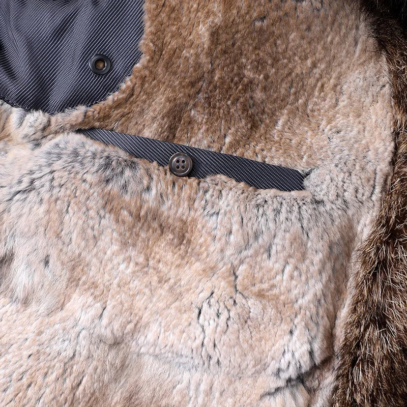 Vexaroa Men's Real Rabbit Fur Lined Bomber Jacket with Raccoon Fur Trim Natural Winter Coat