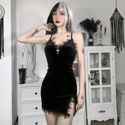 Vexaroa Black Mini Dress Goth Spaghetti Strap High Waist Slit