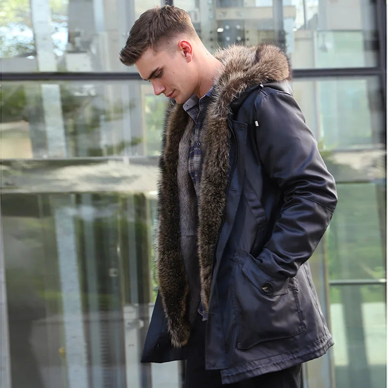 Vexaroa Men's Real Rabbit Fur Lined Bomber Jacket with Raccoon Fur Trim Natural Winter Coat