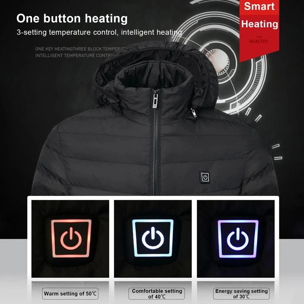 Black heated jacket with temperature control icons and 'Smart Heating' branding.