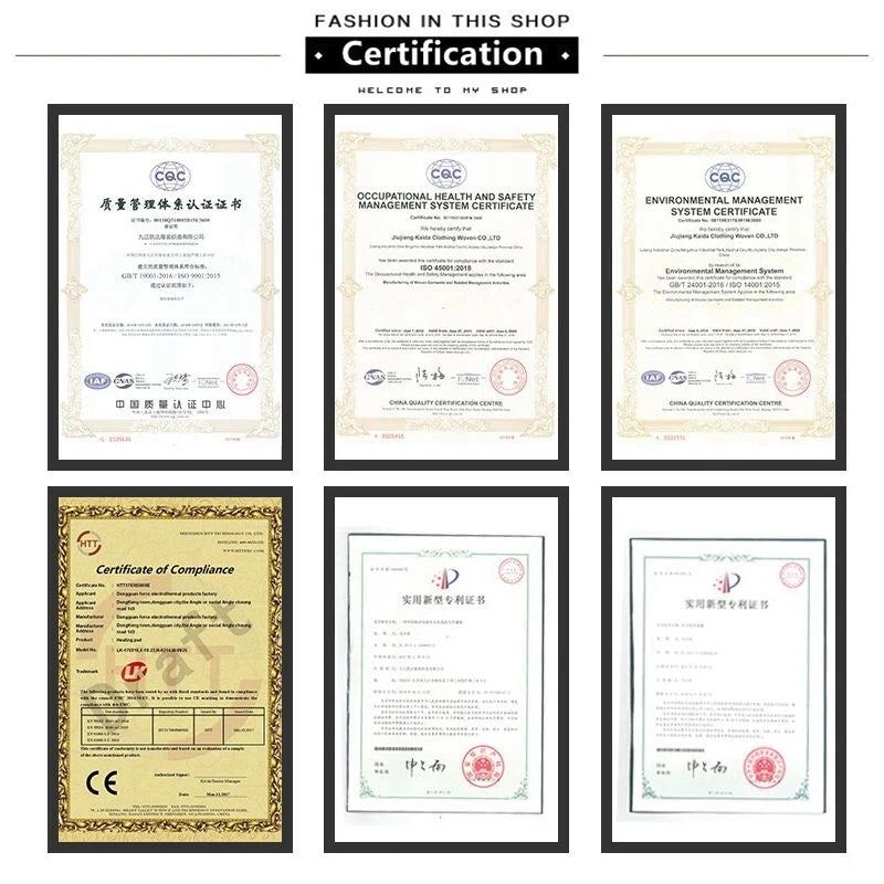 Collection of framed certificates on a white background with text 'Fashion in this shop Certification'.