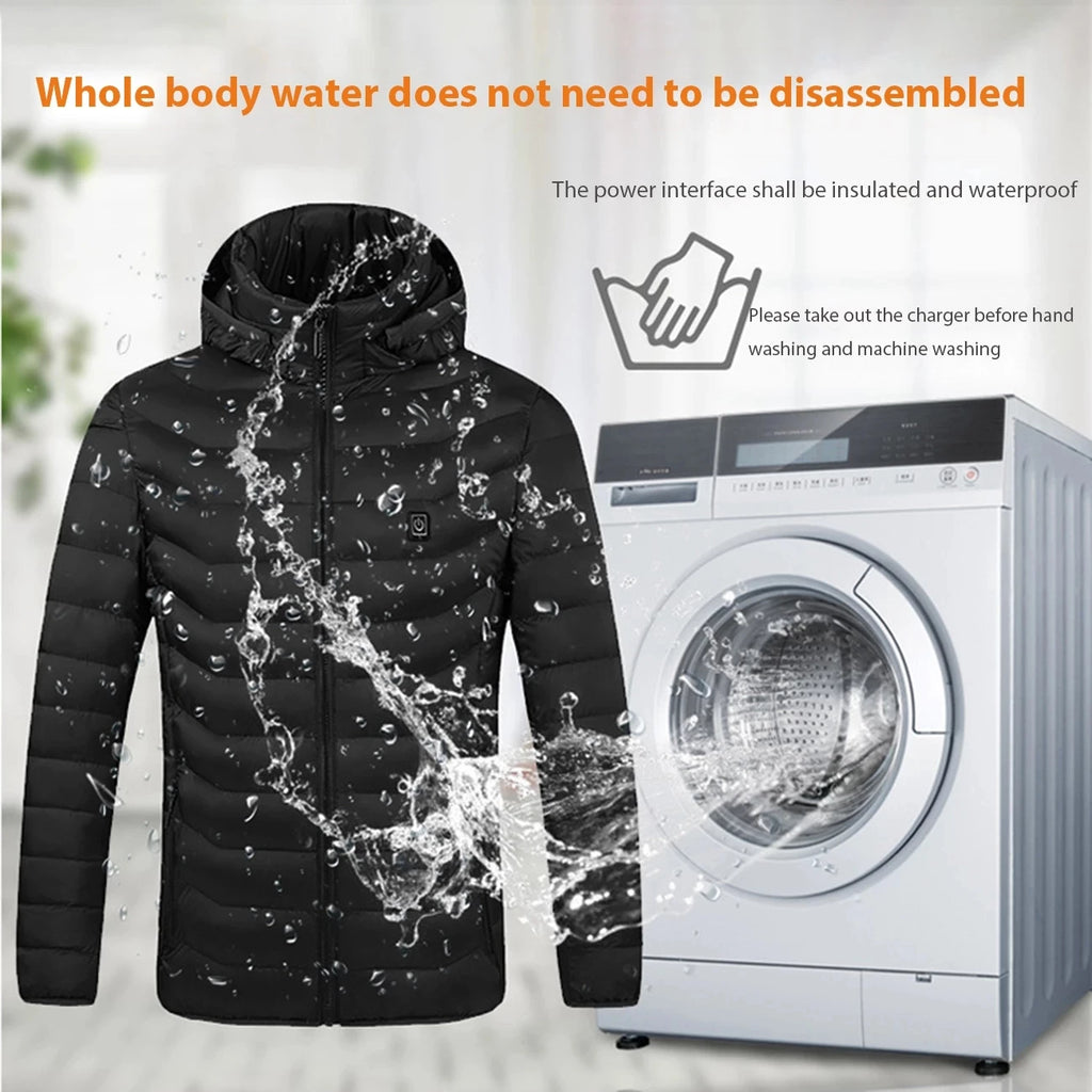 Black jacket with water splashes and a washing machine, indicating water resistance feature.