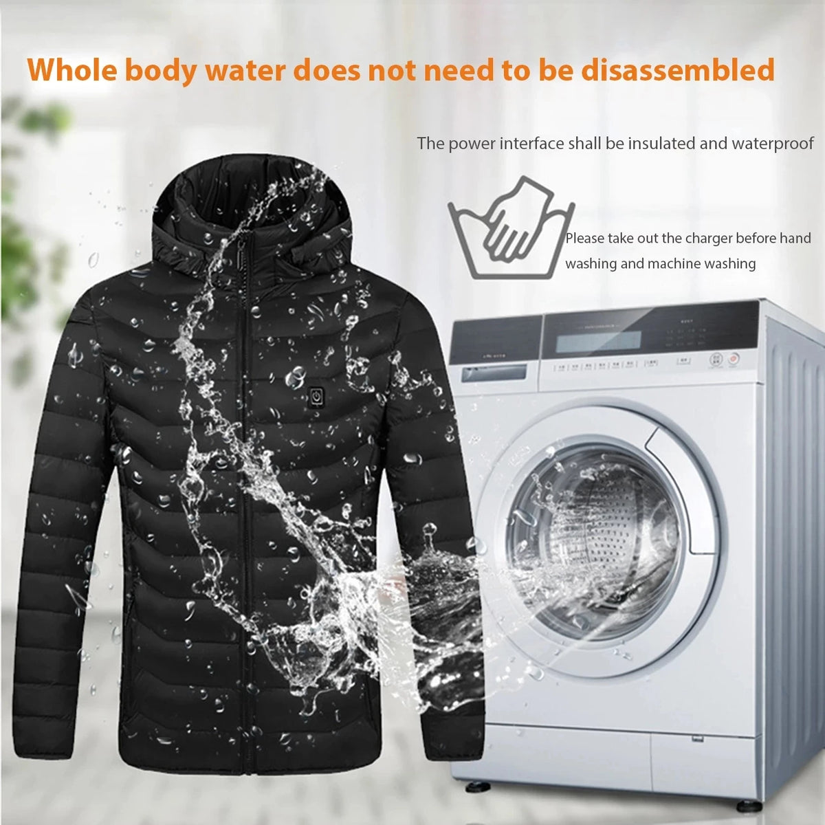 Black jacket with water splashes and a washing machine, indicating water resistance feature.