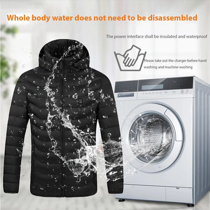 Black jacket with water splashes and a washing machine, indicating water resistance feature.