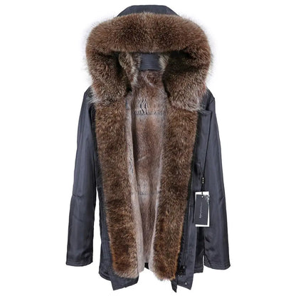 Vexaroa Men's Real Rabbit Fur Lined Bomber Jacket with Raccoon Fur Trim Natural Winter Coat