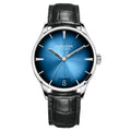 Watch with black leather strap and blue dial on a white background