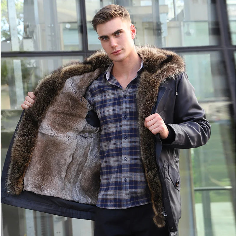 Vexaroa Men's Real Rabbit Fur Lined Bomber Jacket with Raccoon Fur Trim Natural Winter Coat