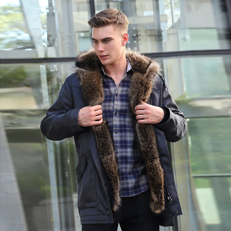Vexaroa Men's Real Rabbit Fur Lined Bomber Jacket with Raccoon Fur Trim Natural Winter Coat