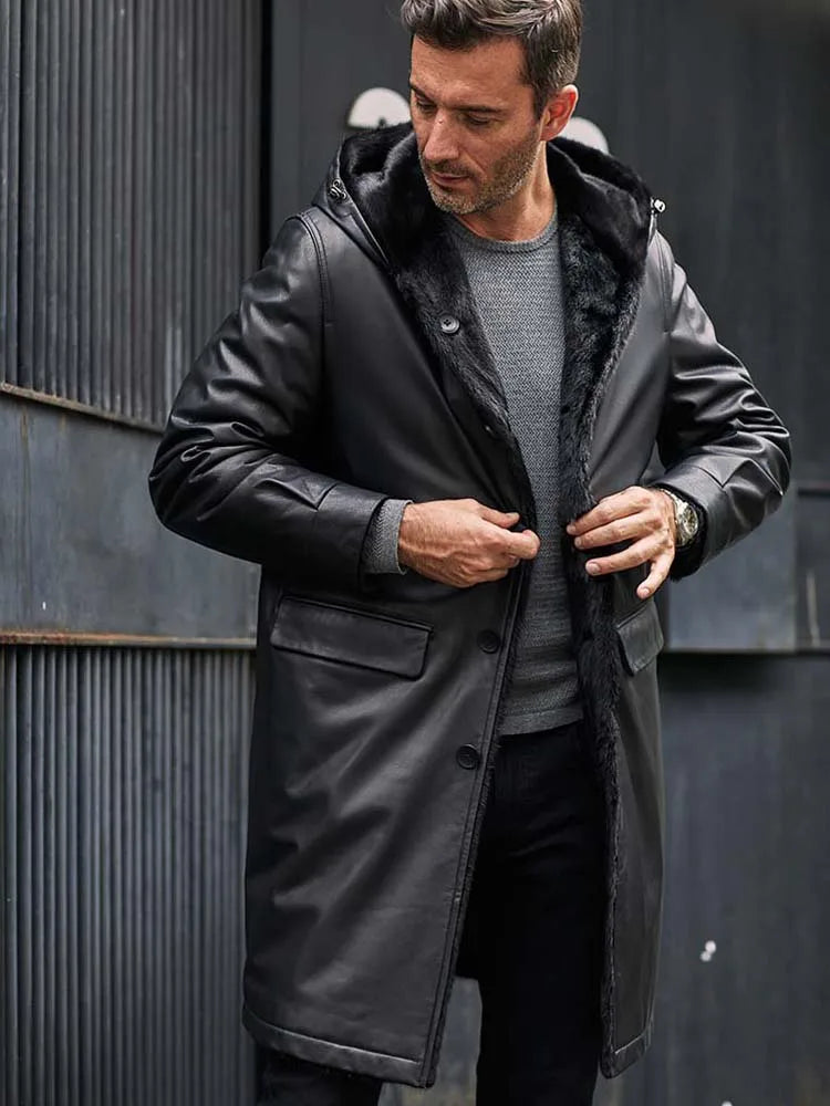 Cowhide Leather Mink Fur Long Parka Men's | Vexaroa