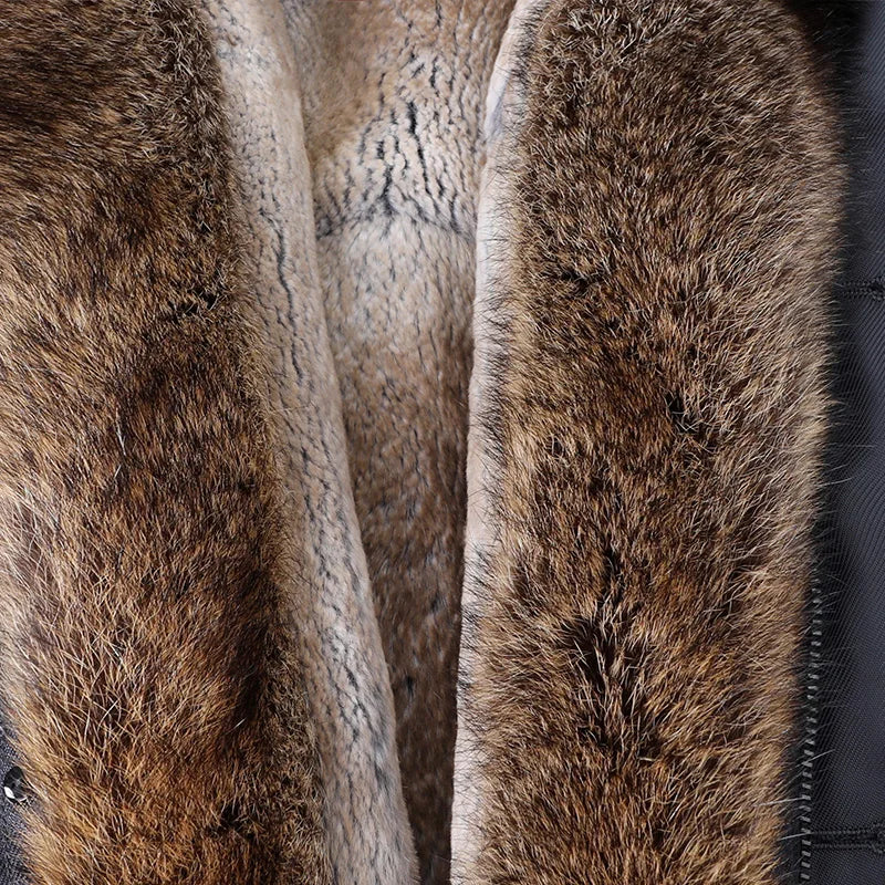Vexaroa Men's Real Rabbit Fur Lined Bomber Jacket with Raccoon Fur Trim Natural Winter Coat