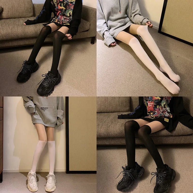 Vexaroa Solid Black White Cosplay Thigh High Stockings