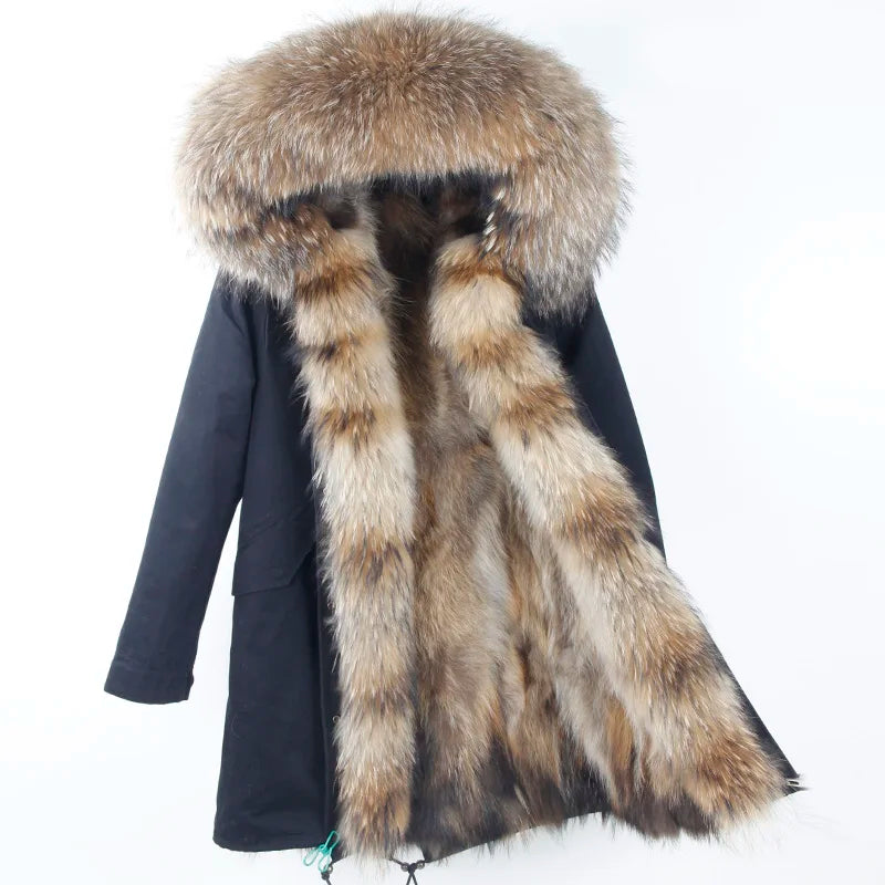 A black winter parka coat with a large, luxurious brown and beige fur-trimmed hood, displayed on a white background.