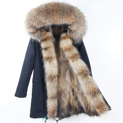 Vexaroa Women's Real Natural Fur Coat Long Hooded Parka with Fur Liner Winter Jacket