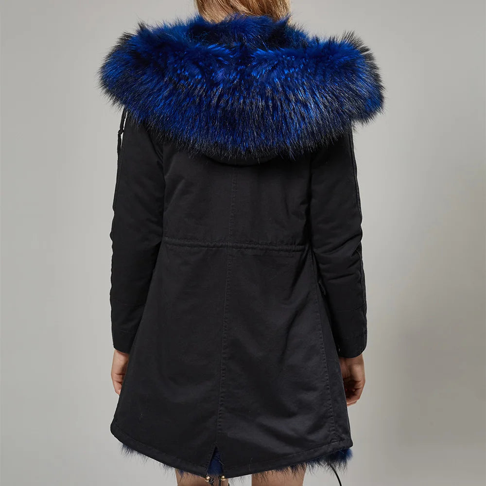 Vexaroa Women's Real Natural Fur Coat Long Hooded Parka with Fur Liner Winter Jacket