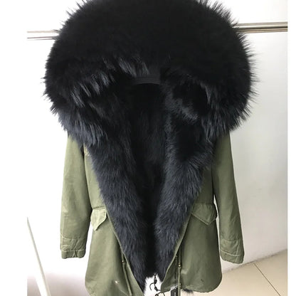 Vexaroa Women's Real Natural Fur Coat Long Hooded Parka with Fur Liner Winter Jacket