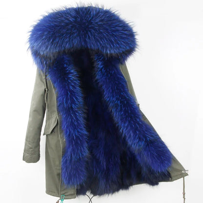 Vexaroa Women's Real Natural Fur Coat Long Hooded Parka with Fur Liner Winter Jacket